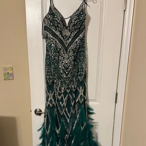 Elegant Green and Silver Embellished Prom Dress
